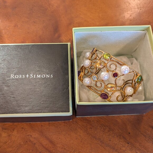 Ross & Simons 18k Gold over Sterling Cuff Bracelet w Cultured Pearls - Picture 1 of 5